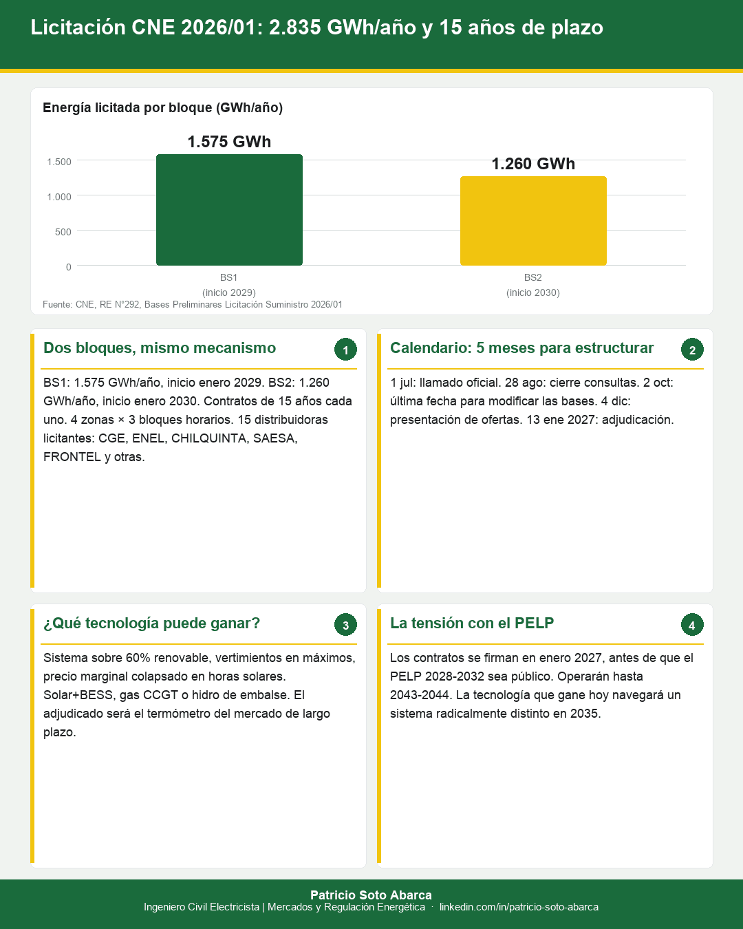 Licitación CNE 2026/01: bloques de suministro, calendario y señal de inversión